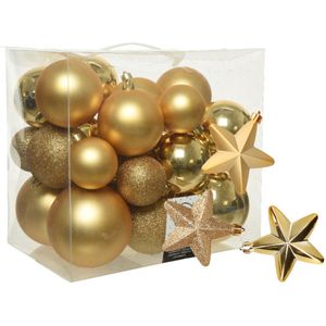 Kerstballen en sterren ornamenten - set 32x stuks - kunststof - goud