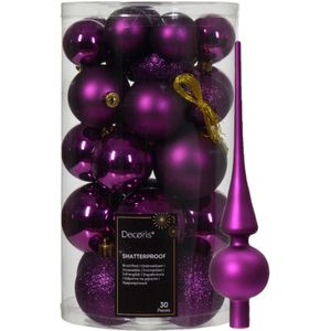 Kerstversiering set - 30x st kunststof kerstballen en glazen piek - paars
