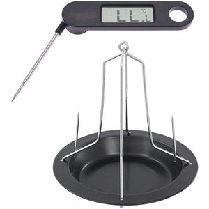BBQ/oven kippenspit/kiphouder met schotel zwart 20 x 18 cm - Met digitale vleesthermometer / braadthermometer