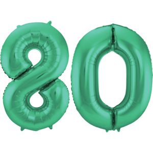 Folat Folie ballonnen - 80 jaar cijfer - glimmend groen - 86 cm - leeftijd feestartikelen