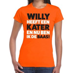 Oranje tekst shirt Willy heeft een kater en nu ben ik de baas t-shirt oranje dames -  Koningsdag kleding