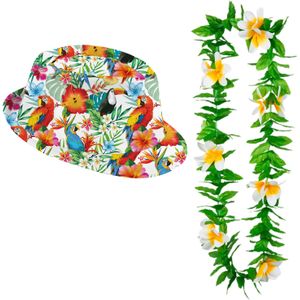 Carnaval Verkleed set - Tropische Hawaii Party - Multi Colour Print Hoedje