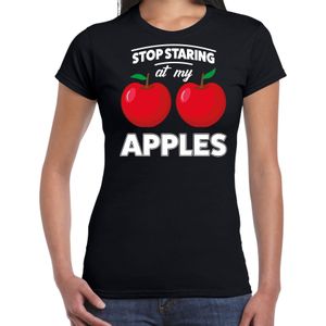 Stop staring at my apples boobs t-shirt zwart voor dames - Fun shirt