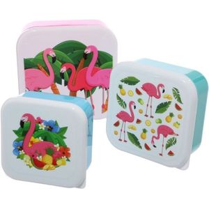 3x Broodtrommel/lunchbox tropische flamingo print - Voedsel bewaarbakjes