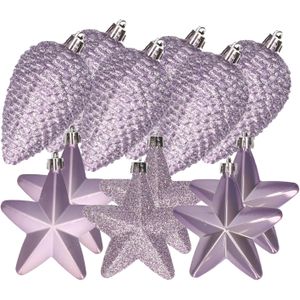 Dennenappels en sterren kerstornamenten - 12 stuks - kunststof - lila