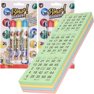 100x Bingokaarten nummers 1-75 inclusief 6x bingostiften blauw/geel/rood