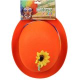 Verkleed bolhoed voor volwassenen oranje met bloem - Carnaval clown kostuum hoedjes