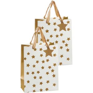 Set van 4x stuks luxe papieren giftbags/tasjes met sterretjes goud 26 x 32 x 12 cm - cadeau tassen