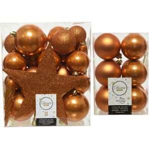 Kerstversiering kunststof kerstballen cognac bruin 5-6-8 cm pakket van 45x stuks - Met kunststof ster piek van 19 cm