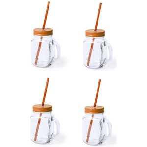 4x stuks Glazen Mason Jar drinkbekers oranje dop en rietje 500 ml - afsluitbaar/niet lekken/fruit shakes