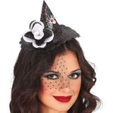 Halloween heksenhoed - mini hoedje op diadeem met sluier - one size - zwart glitter - meisjes/dames