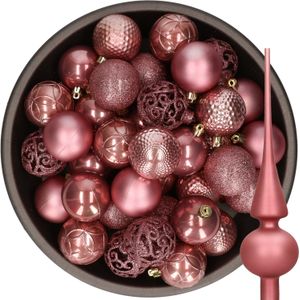Kerstballen 37x stuks kunststof 6 cm - met glazen piek mat- oudroze
