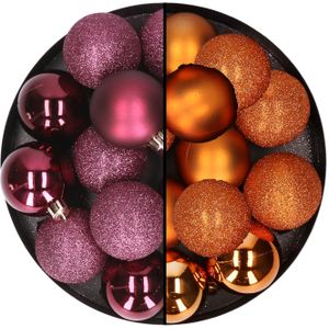 24x stuks kunststof kerstballen mix van aubergine en oranje 6 cm - Kerstversiering