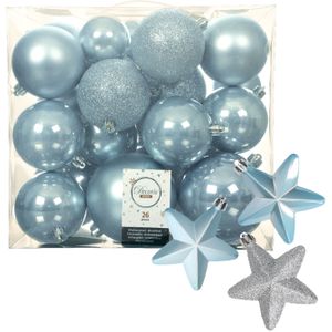Kerstballen en sterren ornamenten - set 32x stuks - kunststof - lichtblauw