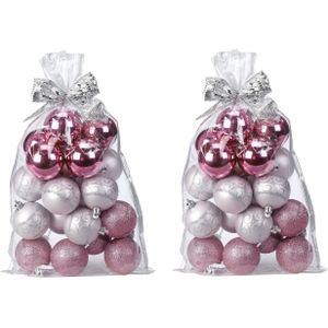 40x stuks kunststof/plastic kerstballen roze mix 6 cm in giftbag - Kerstboomversiering/kerstversiering