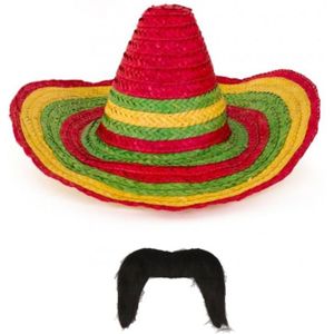 Carnaval verkleed set - Mexicaanse sombrero hoed met plaksnor - gekleurd - heren