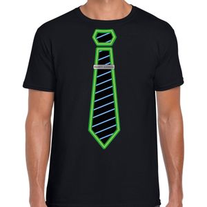 Bellatio Decorations Verkleed T-shirt voor heren - neon stropdas - zwart - foute party - carnaval