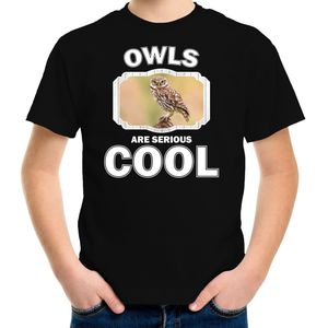Dieren uilen t-shirt zwart kinderen - owls are serious cool shirt  jongens/ meisjes - cadeau shirt steenuil/ uilen liefhebber - kinderkleding / kleding