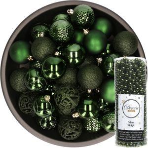 Decoris Kerstballen - 37x stuks - 6 cm - incl. kralenslinger - donkergroen - kunststof