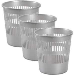 3x stuks afvalbakken/vuilnisbakken plastic zilver/grijs 28 cm - Vuilnisbak/prullenbakken/papiermand - Kantoor/keuken/slaapkamer