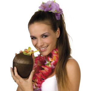 Set van 8x stuks kokosnoot drinkbeker hawaii met herbruikbaar rietje 12 x 16 cm 400 ml - Tropisch/hawaii thema feest accessoires