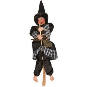 Halloween horror decoratie heksen pop op bezem - 44 cm - zwart/goud - Versiering/feestartikelen