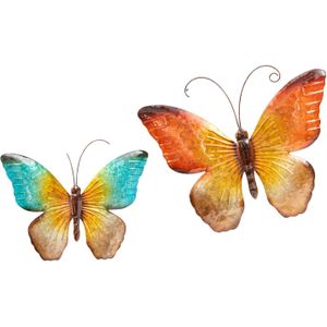 Anna Collection Wanddecoratie vlinders - 2x - blauw/oranje - 32 x 24 cm/44 x 32 - metaal - muurdecoratie/schutting - dieren beelden
