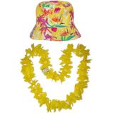 Tropische Hawaii party verkleedset - bucket hoedje geel - bloemenslinger geel - volwassenen - summer - beach vibes - tropical