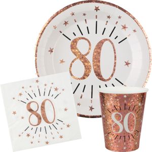 Verjaardag feest bekertjes/bordjes en servetten leeftijd - 30x - 80 jaar - rose goud