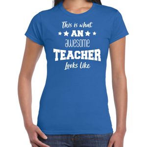 Bellatio Decorations cadeau t-shirt voor dames - awesome teacher - docent/lerares bedankje - blauw