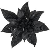 4x stuks decoratie bloemen kerststerren zwart glitter op clip 15 cm - Decoratiebloemen/kerstboomversiering