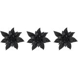 4x stuks decoratie bloemen kerststerren zwart glitter op clip 15 cm - Decoratiebloemen/kerstboomversiering