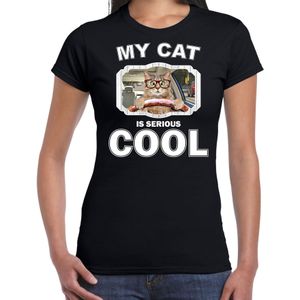 Rijdende kat katten t-shirt my cat is serious cool zwart - dames - katten / poezen liefhebber cadeau shirt