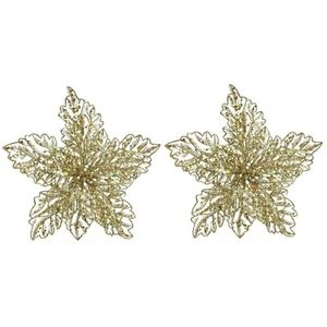 2x Kerstboomversiering op clip gouden glitter bloem 23 cm - kerstboom decoratie - gouden kerstversieringen