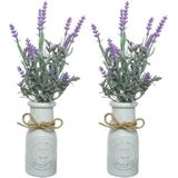 2x stuks lichtpaarse Lavandula/lavendel kunstplant 32 cm in witte pot - Kunstplanten/nepplanten
