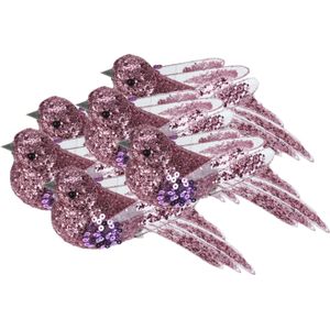 6x stuks kunststof decoratie vogels op clip roze met pailletten 15 cm - Decoratievogeltjes - Kerstboomversiering