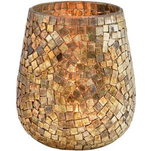 Glazen design windlicht/kaarsenhouder in de kleur mozaiek champagne met formaat 15 x 13 cm. Voor waxinelichtjes