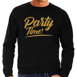 Party time sweater zwart met gouden glitter tekst heren  - Glitter en Glamour goud party kleding trui