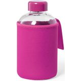 Glazen waterfles/drinkfles met fuchsia roze softshell bescherm hoes 600 ml - Sportfles - Bidon
