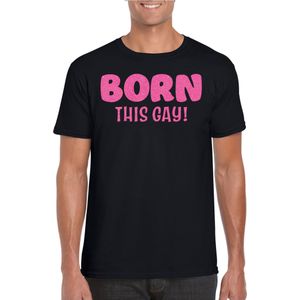 Bellatio Decorations Gay Pride T-shirt voor heren - born this gay - zwart - roze glitter - LHBTI