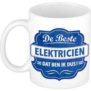 De beste elektricien cadeau koffiemok / theebeker wit met blauw embleem - 300 ml - keramiek - cadeaumok elektromonteur / elektriciens