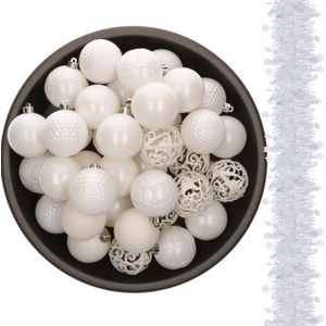 Decoris Kerstballen 37x stuks 6 cm - en 2x stuks kerstslingers - wit - kunststof