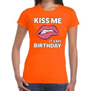 Kiss me it is my birthday t-shirt oranje dames - feest shirts dames