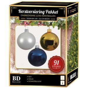 Kerstbal en piek set 91x goud-wit-donkerblauw voor 150 cm boom - Kerstboomversiering