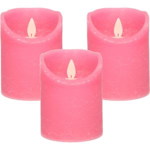 3x Fuchsia Roze LED Kaarsen / Stompkaarsen 10 cm - Luxe Kaarsen Op Batterijen met Bewegende Vlam