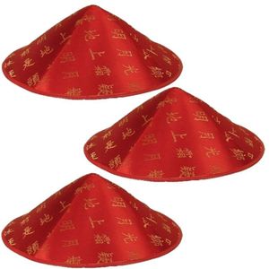 Set van 3x aziatische/chinese hoedje - Rood - Gouden tekens/letters - Carnaval verkleed hoedjes - Voor volwassenen/kinderen