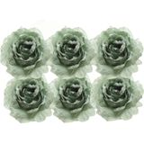 6x Salie groene decoratie bloemen rozen op clip 14 cm - Kerstversiering/woondeco/knutsel/hobby bloemetjes/roosjes