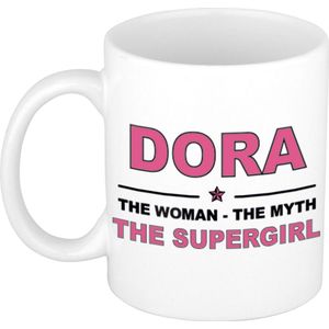 Naam cadeau Dora - The woman, The myth the supergirl koffie mok / beker 300 ml - naam/namen mokken - Cadeau voor o.a  verjaardag/ moederdag/ pensioen/ geslaagd/ bedankt