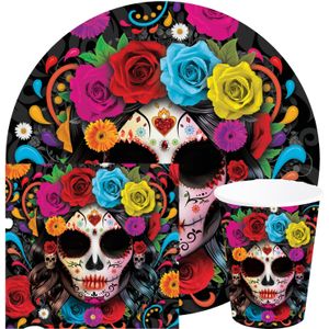 Fiestas Day of the dead feest servies set - borden/bekers/servetten - 36x - gekleurd - papier