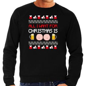 Bellatio Decorations Foute Kersttrui/sweater voor heren - Bier en tieten - zwart - drank/borsten